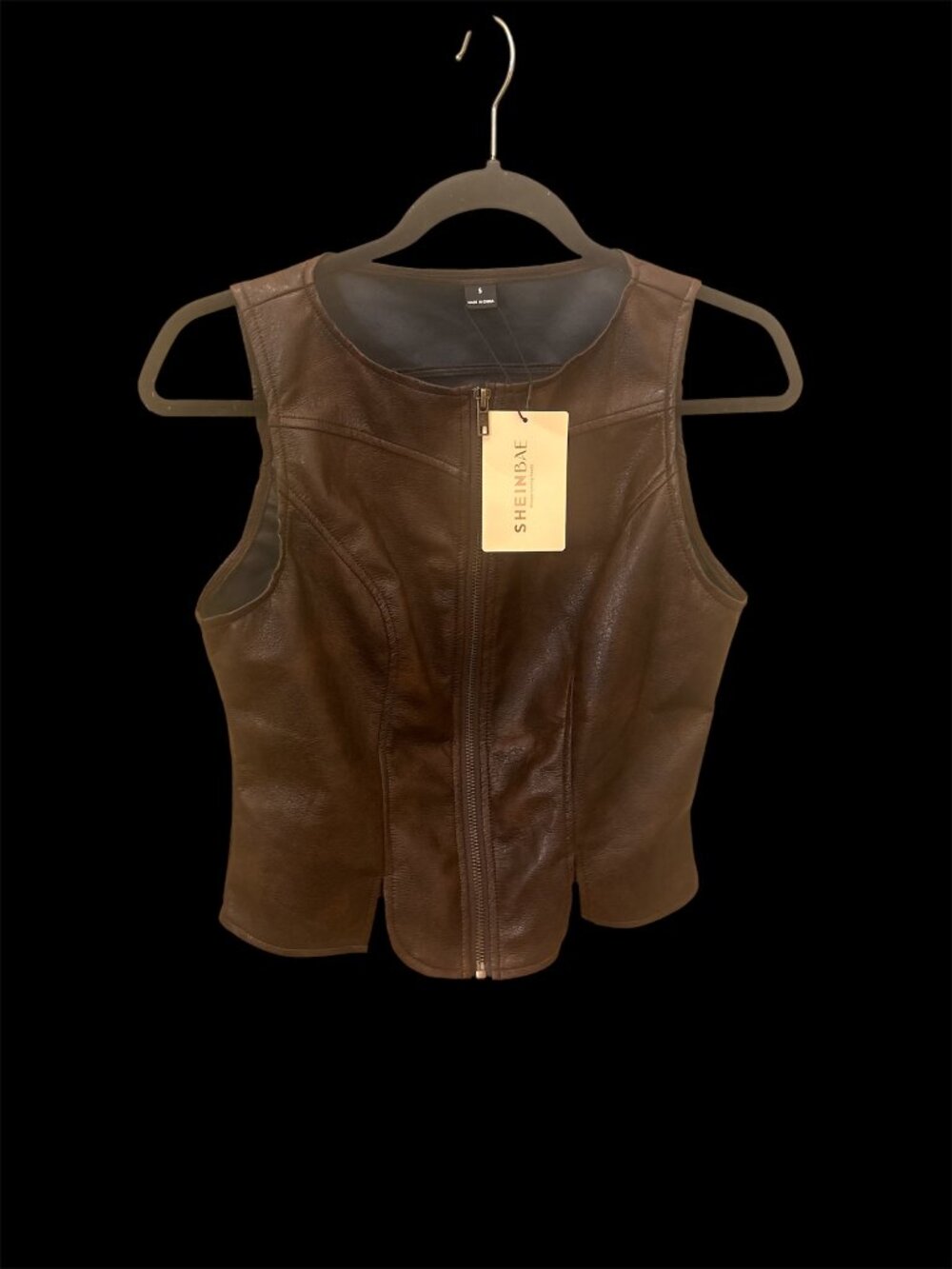 SHEIN Women's Faux Leather Zip-Up Sleeveless Vest Jacket